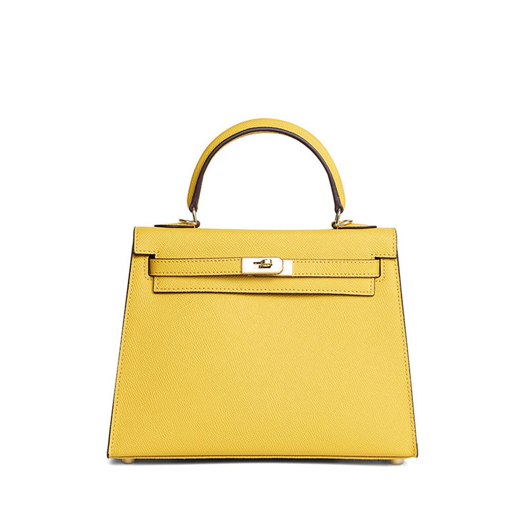 Premium Genuine Leather Structured Top Handle Bag in Bright Yellow