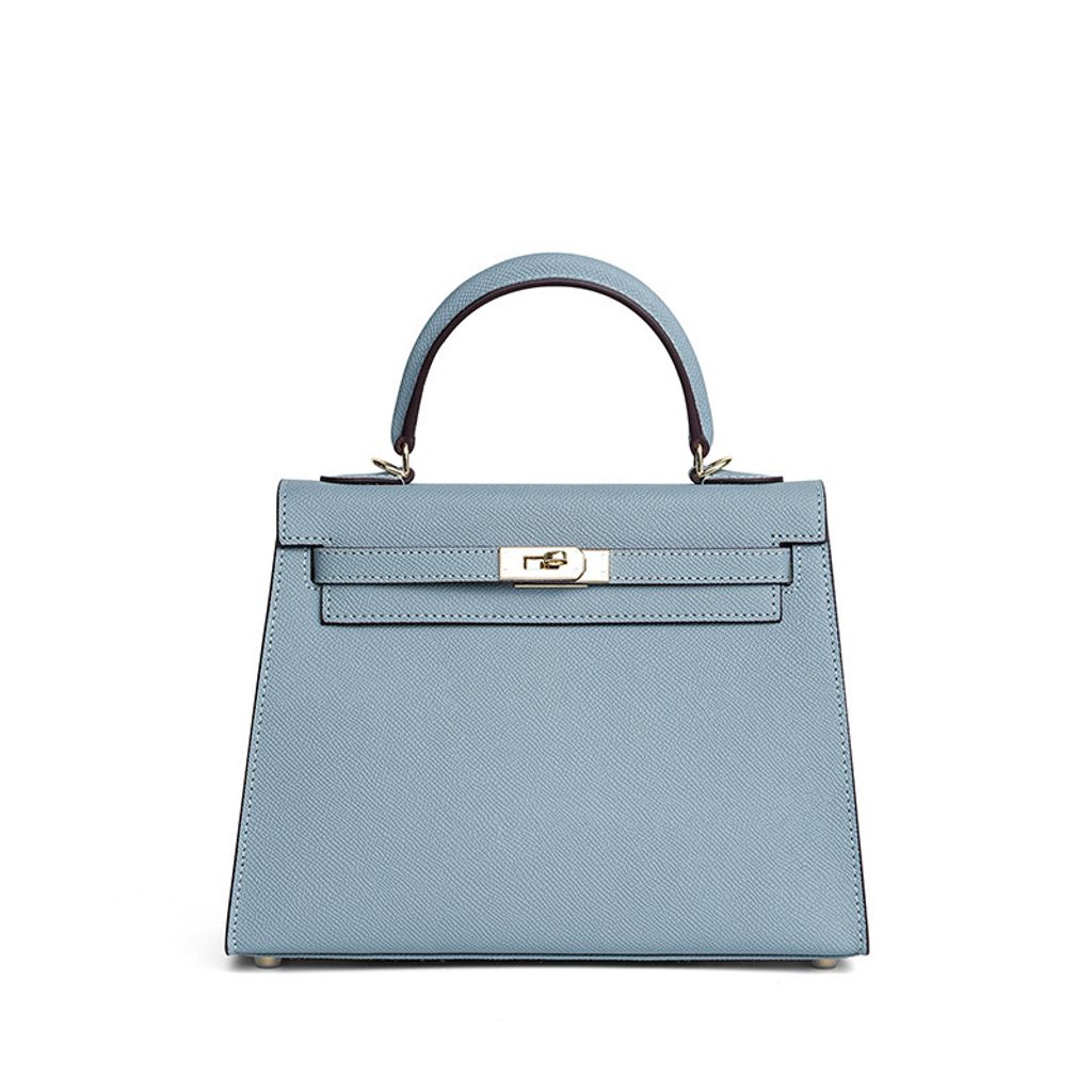 Premium Genuine Leather Structured Top Handle Bag in Linen Blue