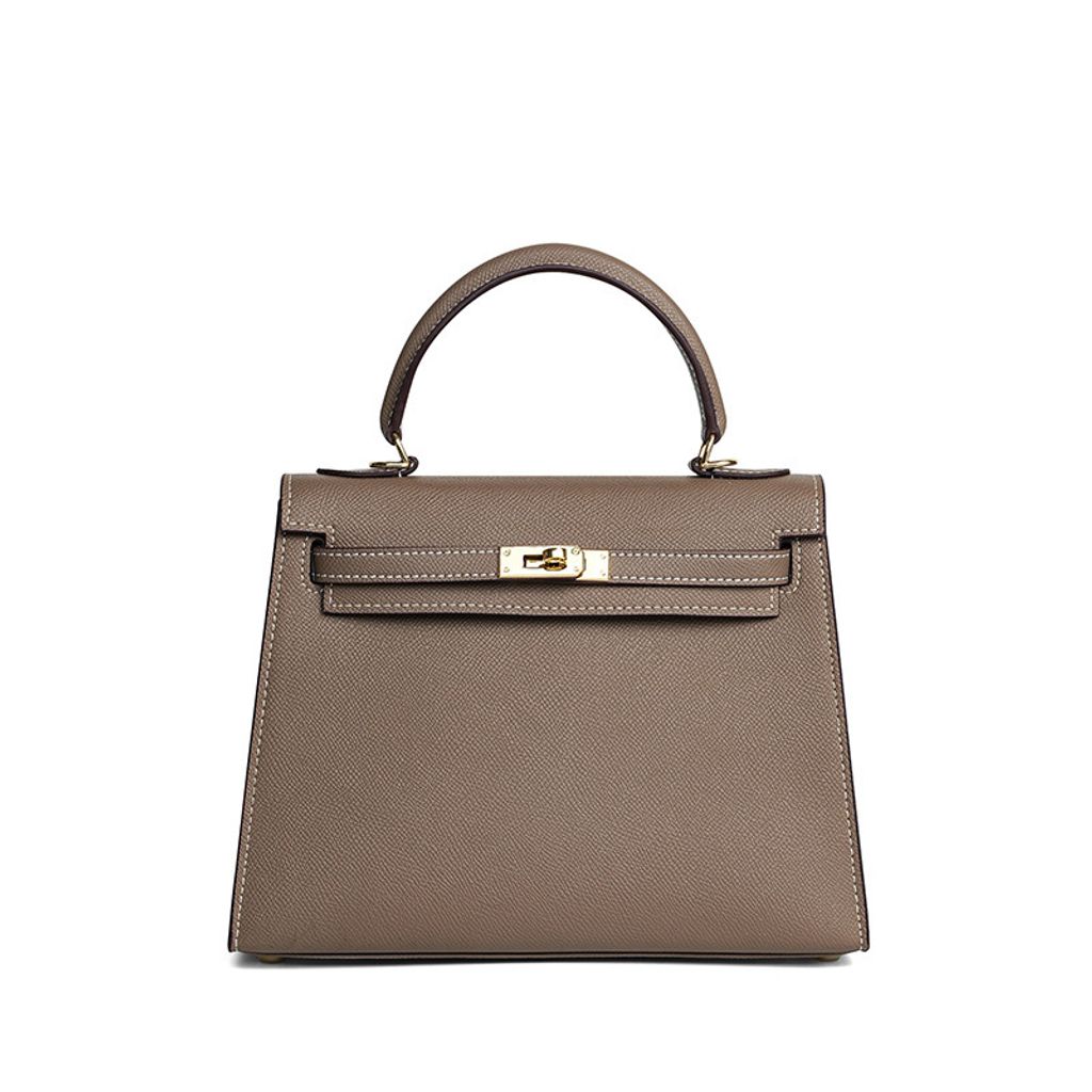 Premium Genuine Leather Structured Top Handle Bag in Khaki