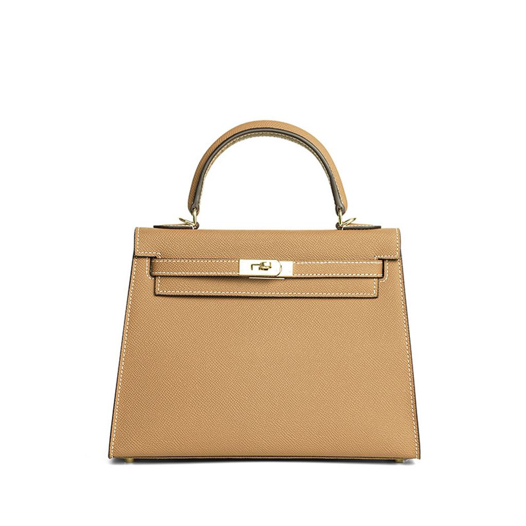 Premium Genuine Leather Structured Top Handle Bag in Biscuit