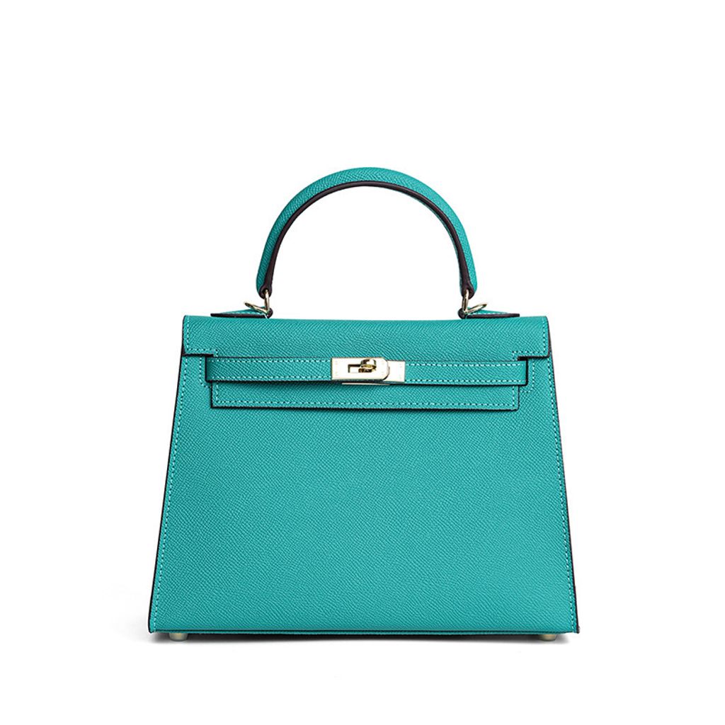 Premium Genuine Leather Structured Top Handle Bag in Peacock Green