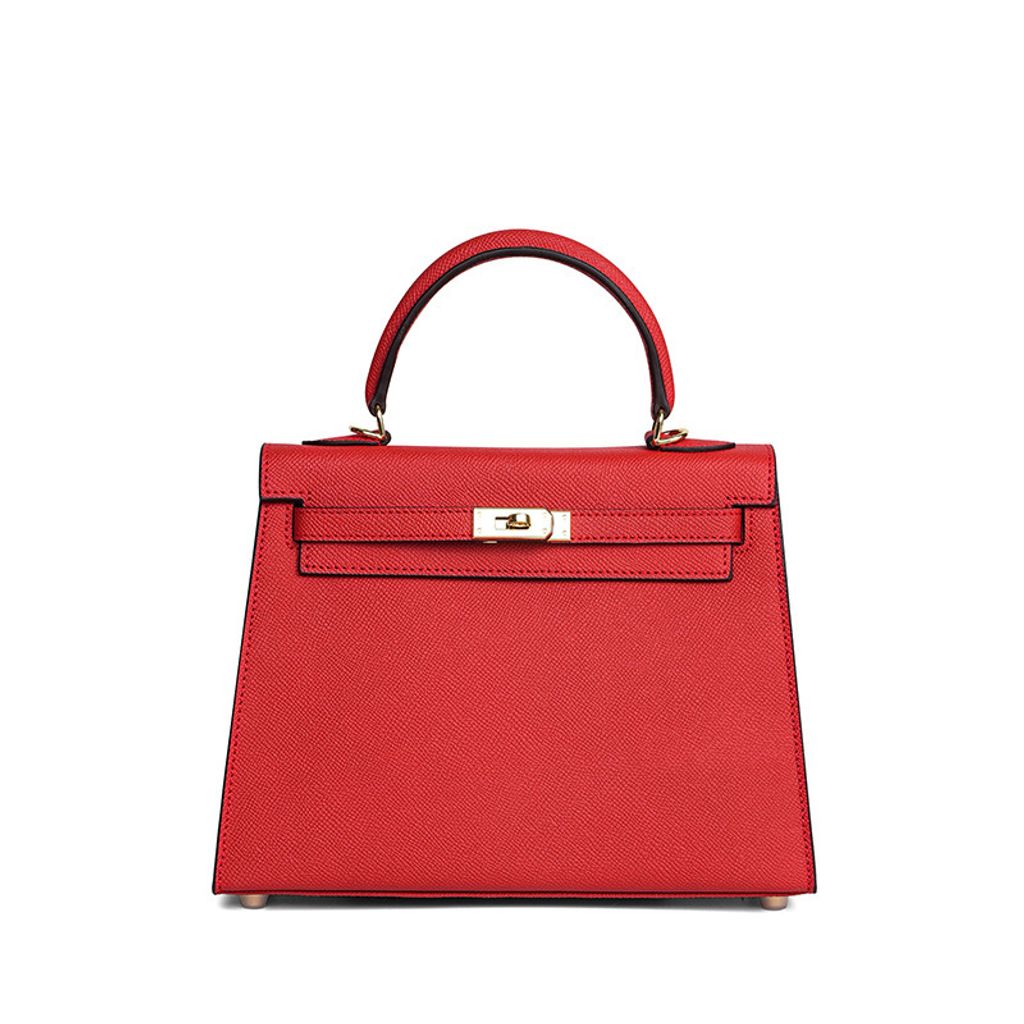 Premium Genuine Leather Structured Top Handle Bag in Bright Red