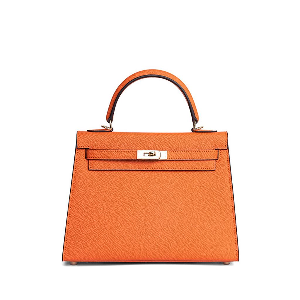 Premium Genuine Leather Structured Top Handle Bag in Orange