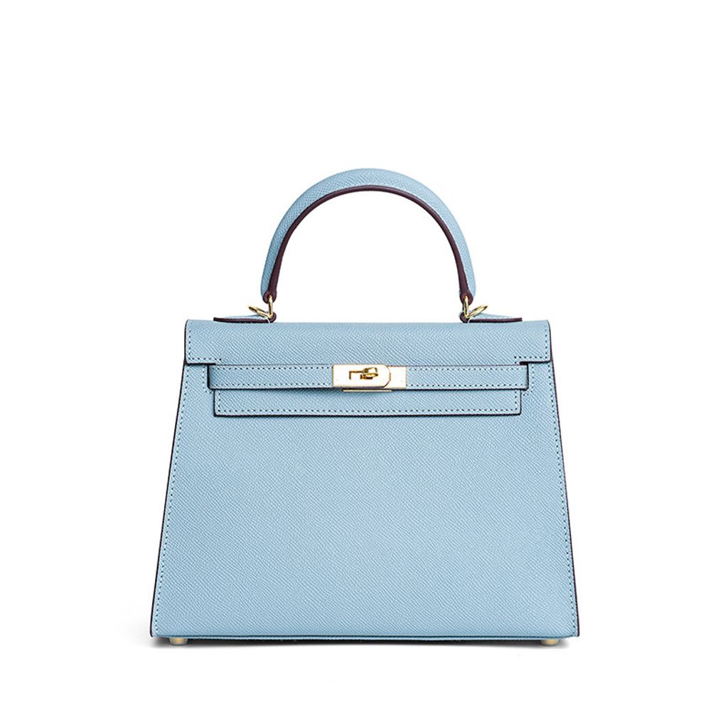 Premium Genuine Leather Structured Top Handle Bag in Dusty Blue