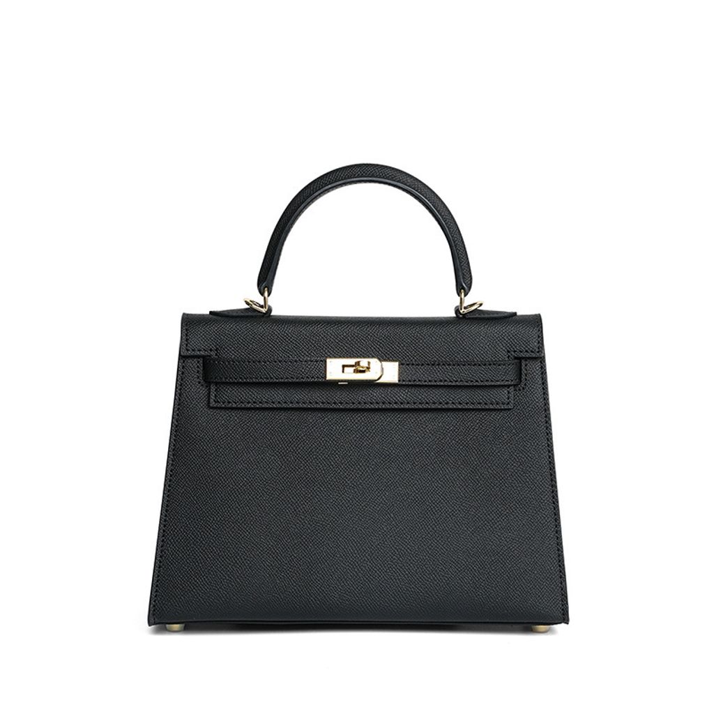 Premium Genuine Leather Structured Top Handle Bag in Black