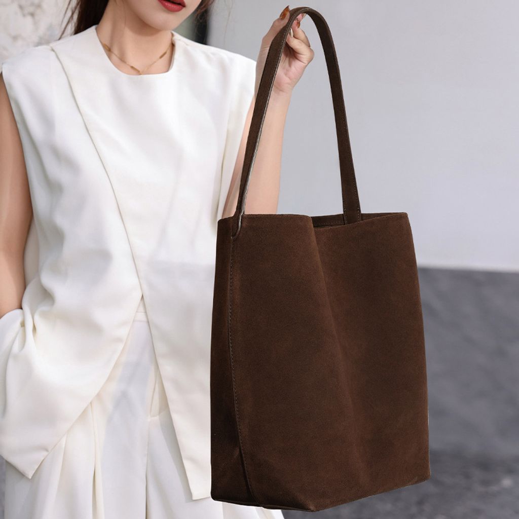 Model showcasing the Refined Suede Leather Bucket Tote Bag in Coffee (Large Size)