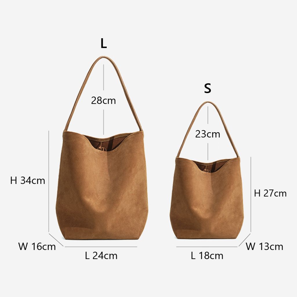 Refined Suede Leather Bucket Tote Bag – Large and Small Size Dimensions