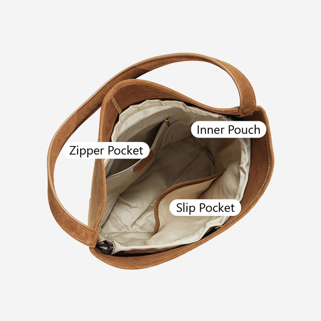 Refined Suede Leather Bucket Tote Bag – Compartment Layout