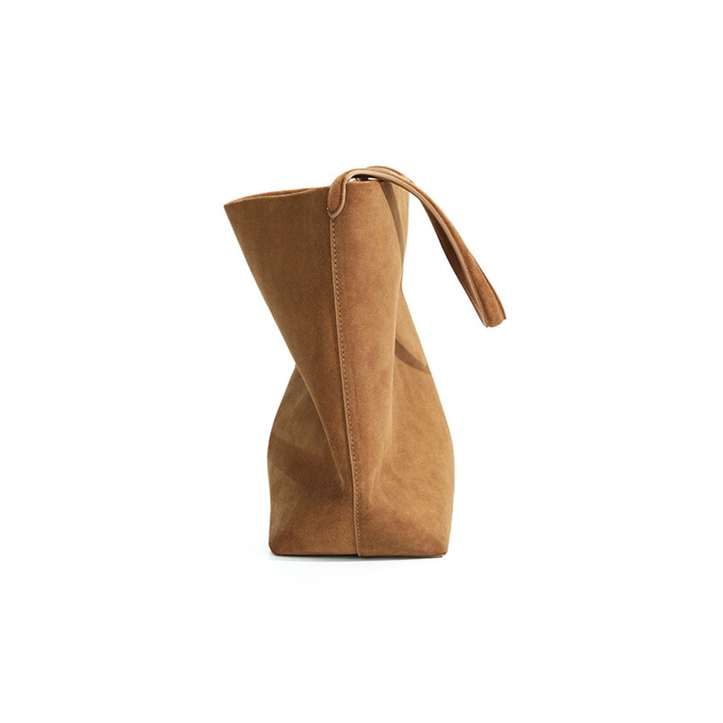 Refined Suede Leather Bucket Tote Bag – Side View