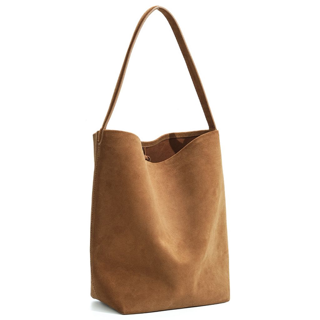 Refined Suede Leather Bucket Tote Bag – Angled View