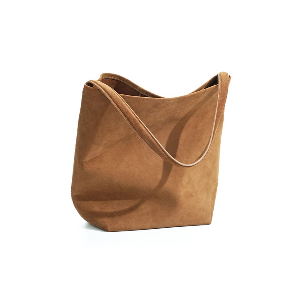 Refined Suede Leather Bucket Tote Bag – Angled View