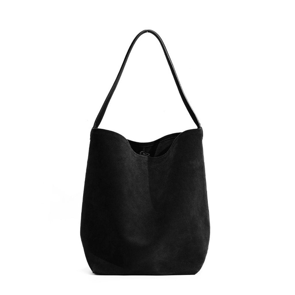 Refined Suede Leather Bucket Tote Bag – Black (Large)