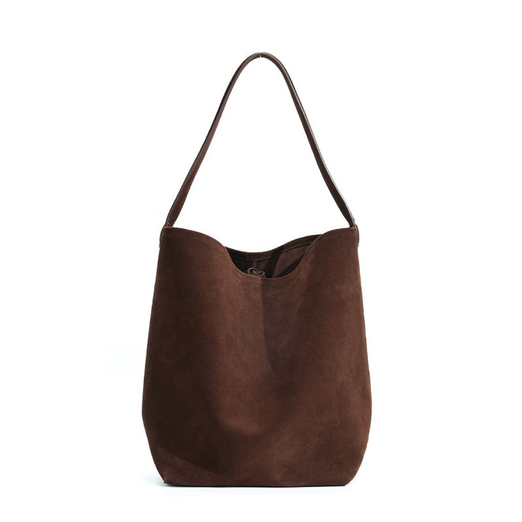 Refined Suede Leather Bucket Tote Bag – Coffee (Large)