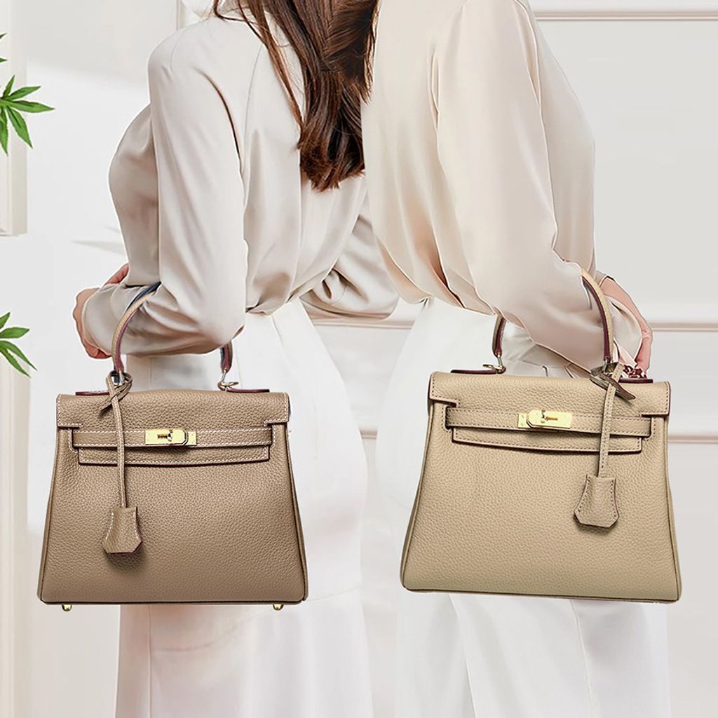 Model showcasing Premium Togo Leather Structured Top Handle Bags in Khaki and Elephant Gray