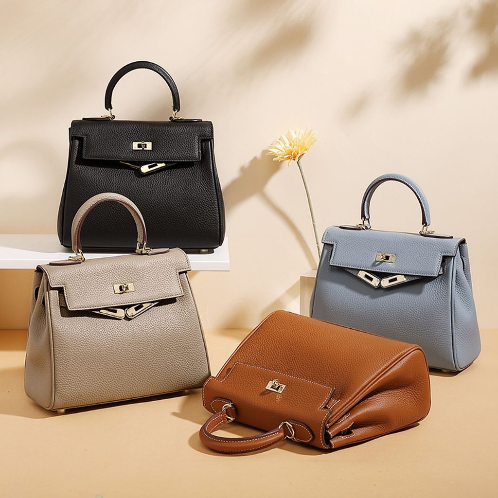Premium Togo Leather Structured Top Handle Bags – Lifestyle Shot in Camel Brown, Khaki, Linen Blue, and Black