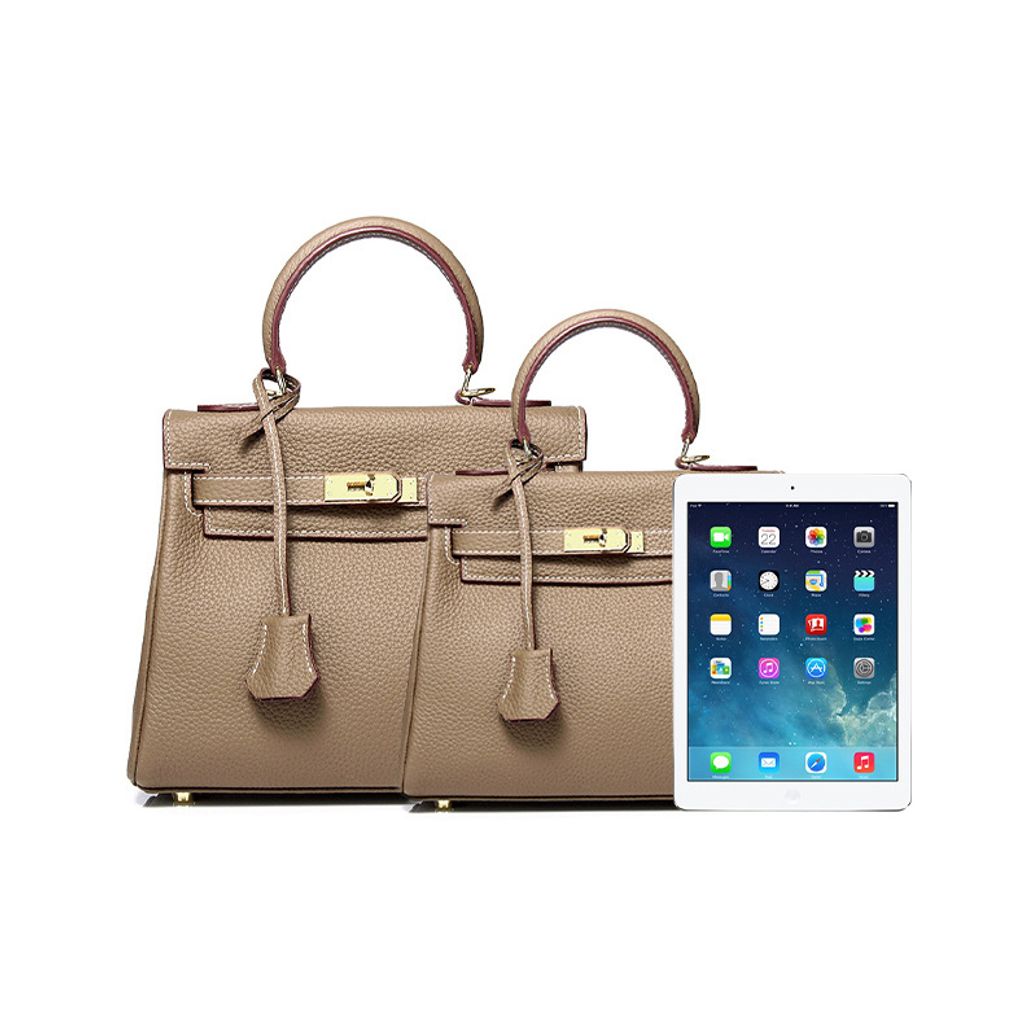 Premium Togo Leather Structured Top Handle Bag – Large and Small Sizes with iPad for Size Reference