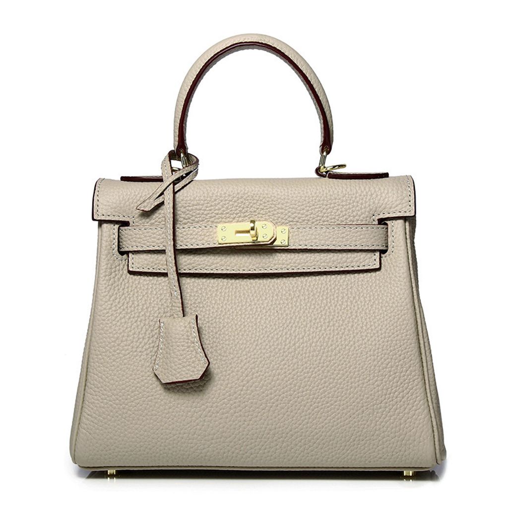 Premium Togo Leather Structured Top Handle Bag – Pearl Gray with Pink