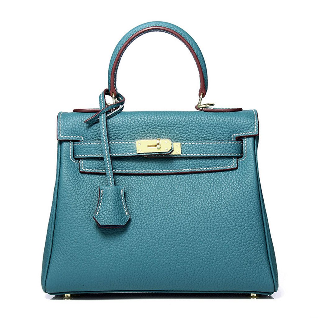 Premium Togo Leather Structured Top Handle Bag – Peacock Blue