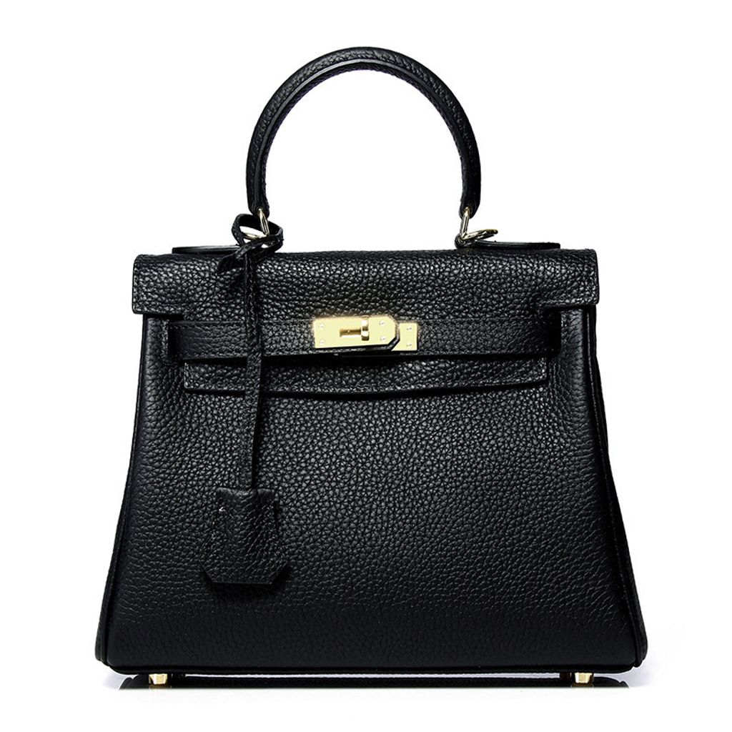 Premium Togo Leather Structured Top Handle Bag – Black