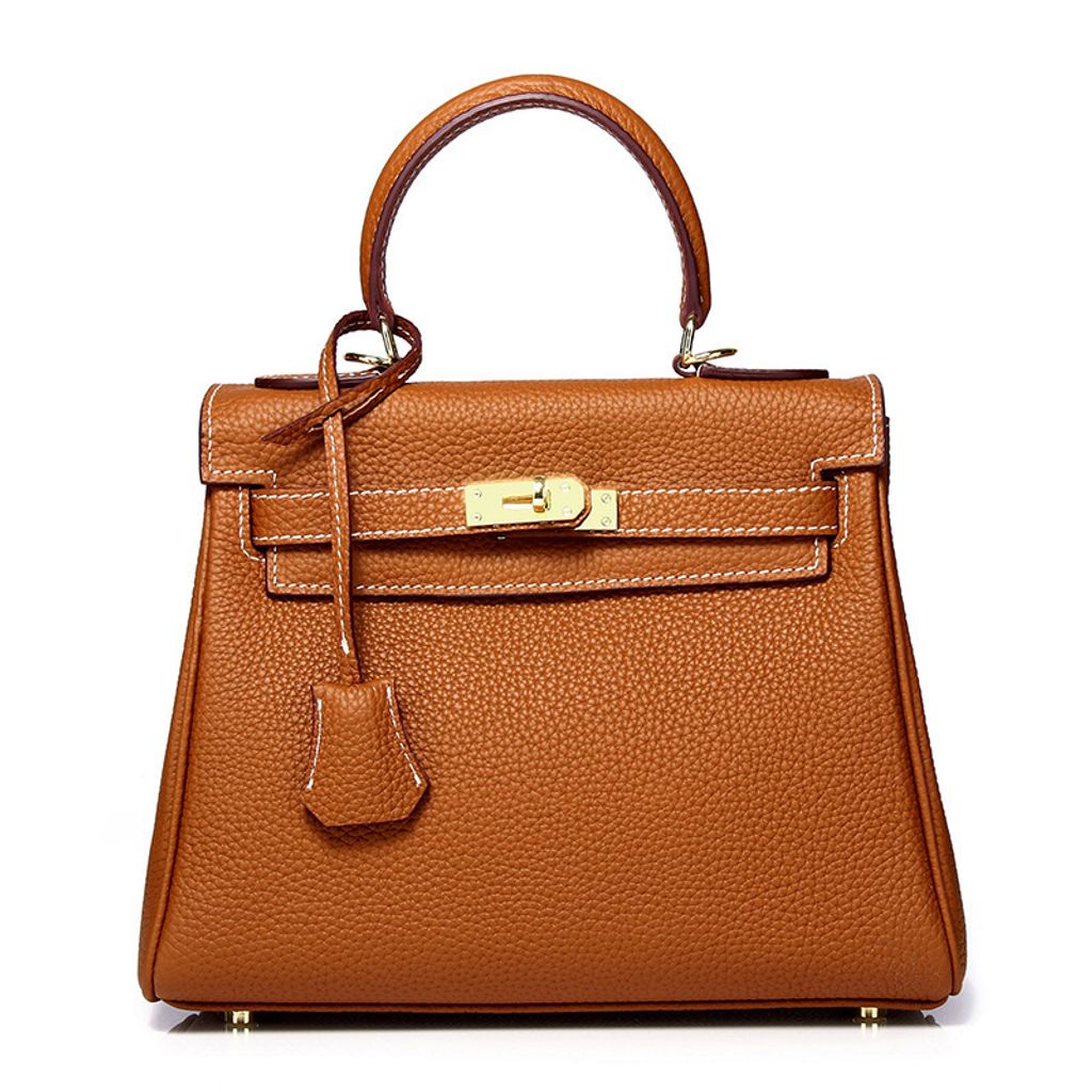 Premium Togo Leather Structured Top Handle Bag – Camel Brown