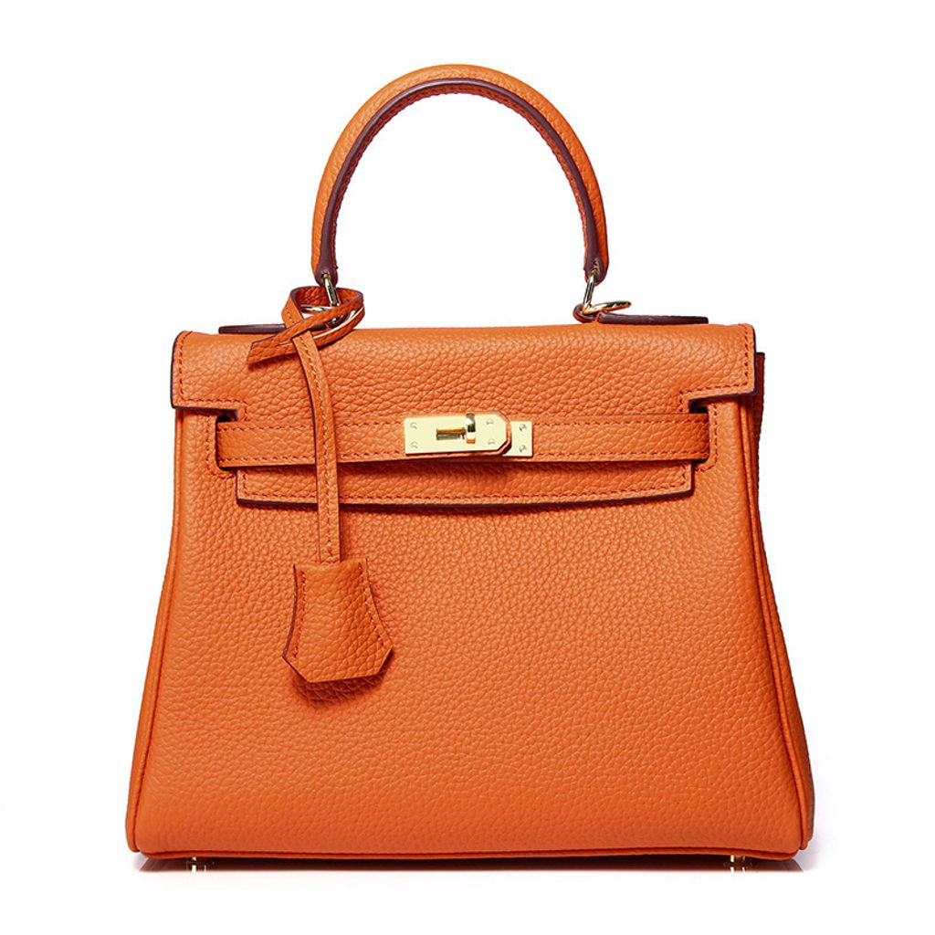 Premium Togo Leather Structured Top Handle Bag – Orange