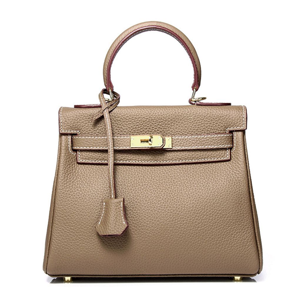 Premium Togo Leather Structured Top Handle Bag – Khaki