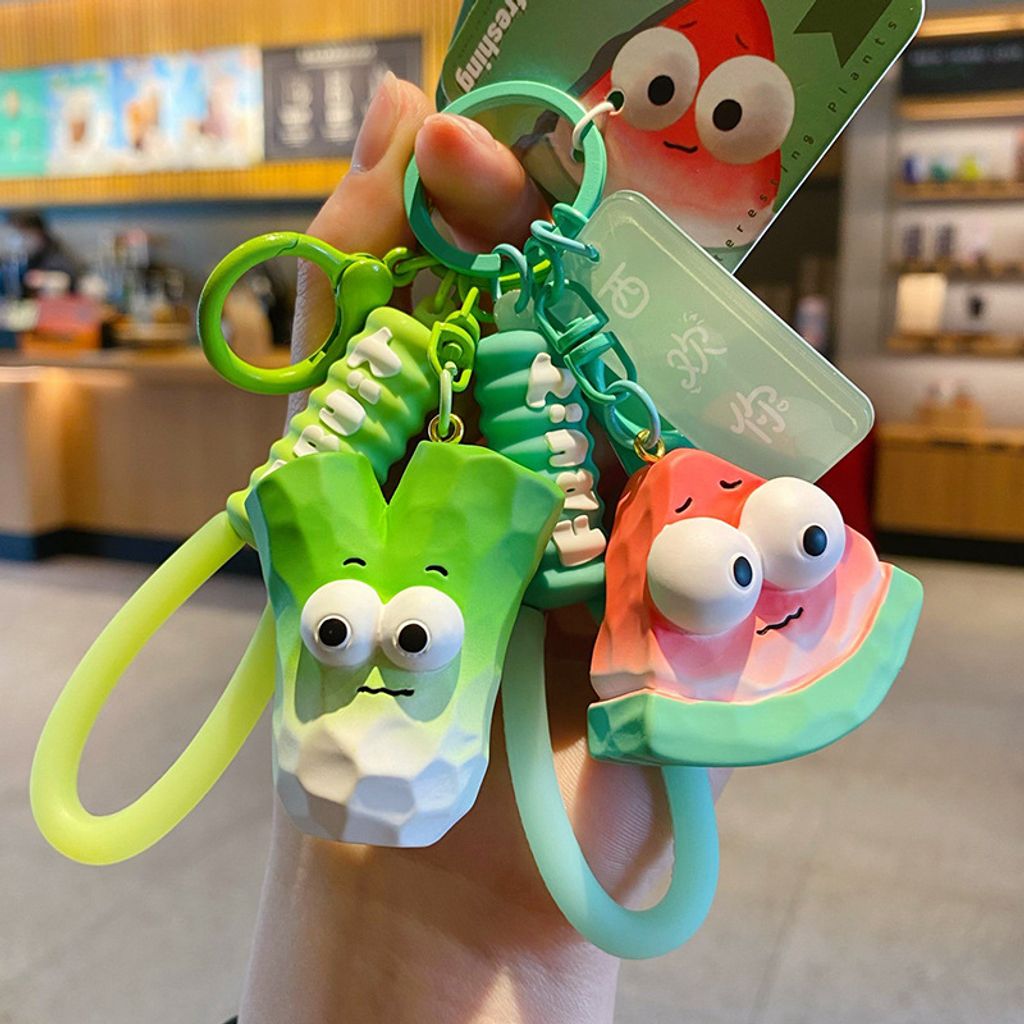 Cute wacky fresh fruit and vegetable wood carving style keychain charms scallion and watermelon designs