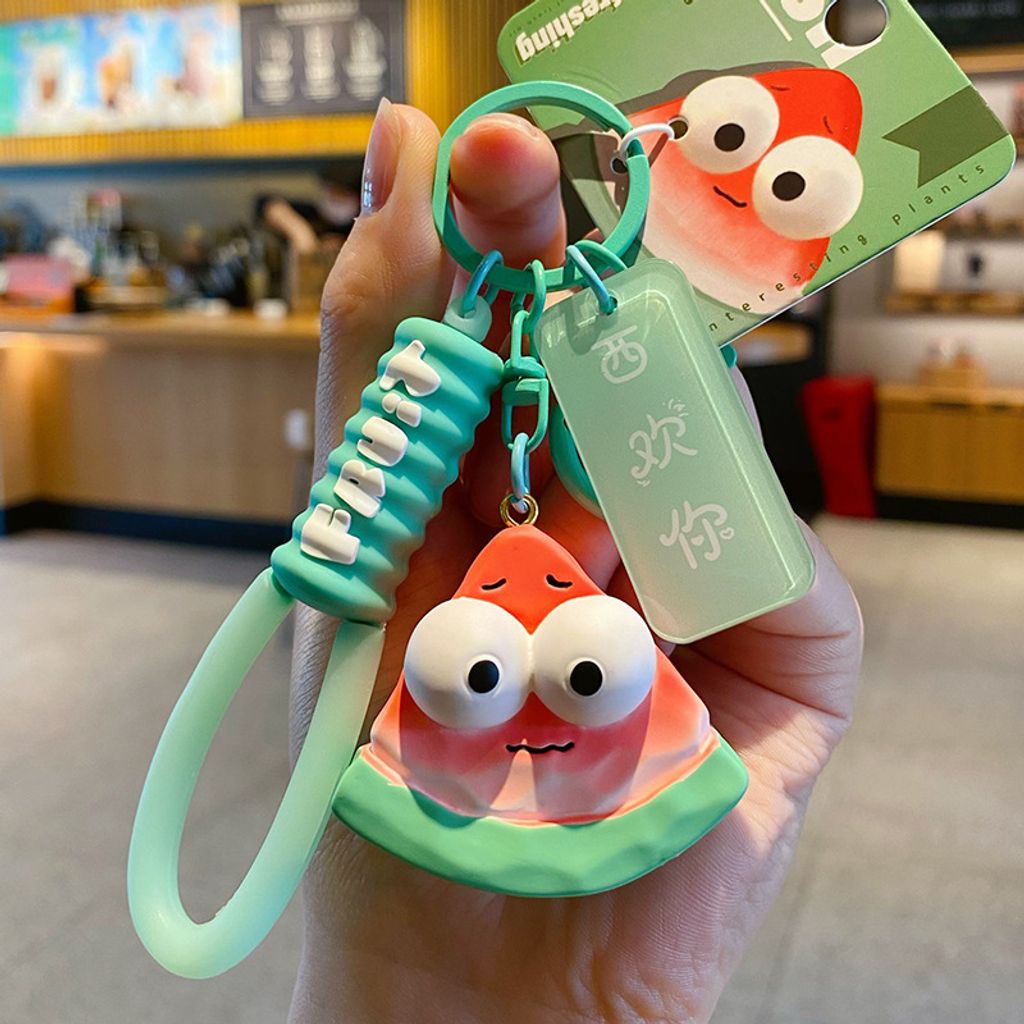 Cute wacky fresh fruit and vegetable wood carving style keychain charm watermelon variant