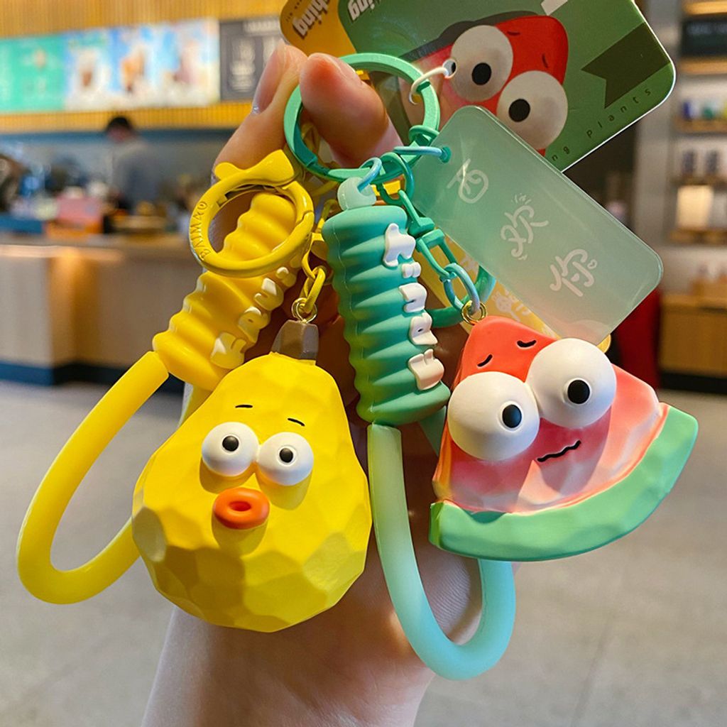 Cute wacky fresh fruit and vegetable wood carving style keychain charms pear and watermelon designs