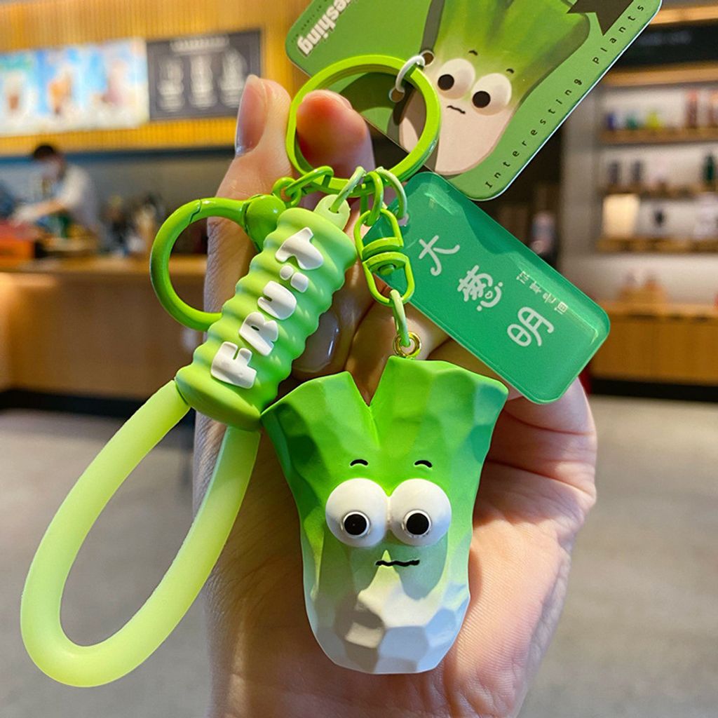 Cute wacky fresh fruit and vegetable wood carving style keychain charm scallion variant