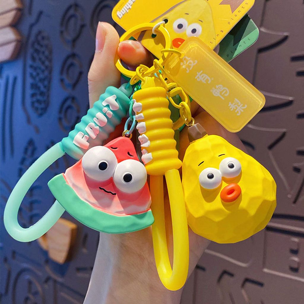 Cute wacky fresh fruit and vegetable wood carving style keychain charms watermelon and pear designs