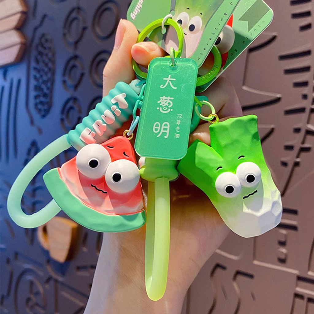 Cute wacky fresh fruit and vegetable wood carving style keychain charms watermelon and scallion designs