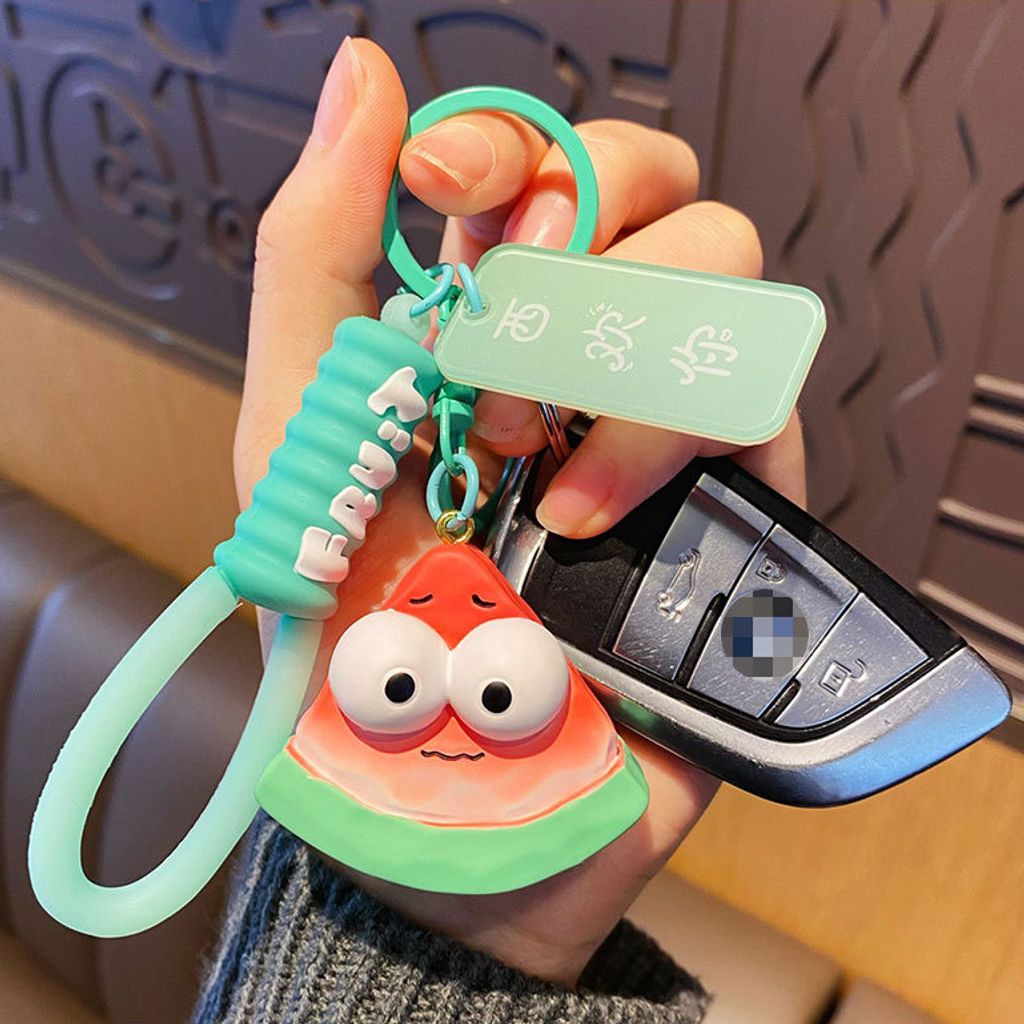 Cute wacky fresh fruit and vegetable wood carving style keychain charm watermelon design attached to car keys