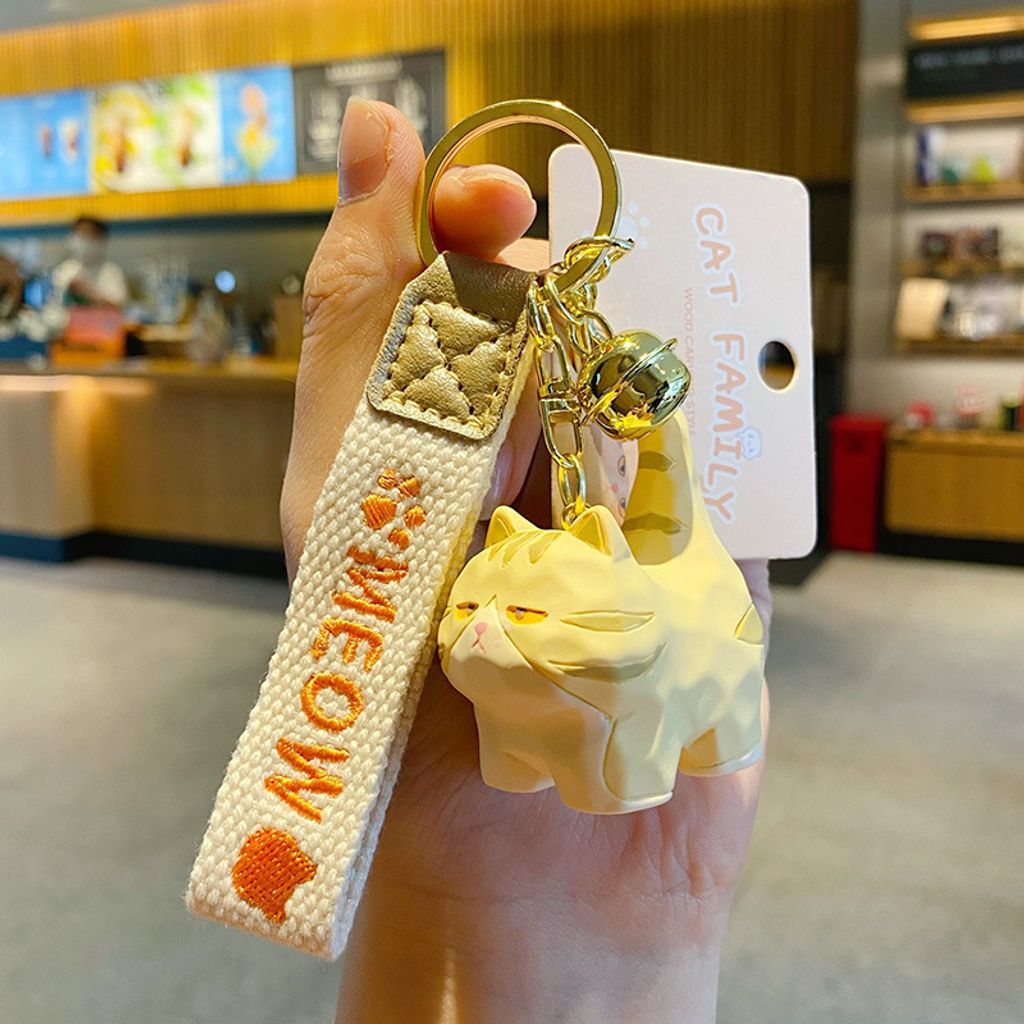 Cute cat family wood carving style keychain charm Orange Tabby Cat variant