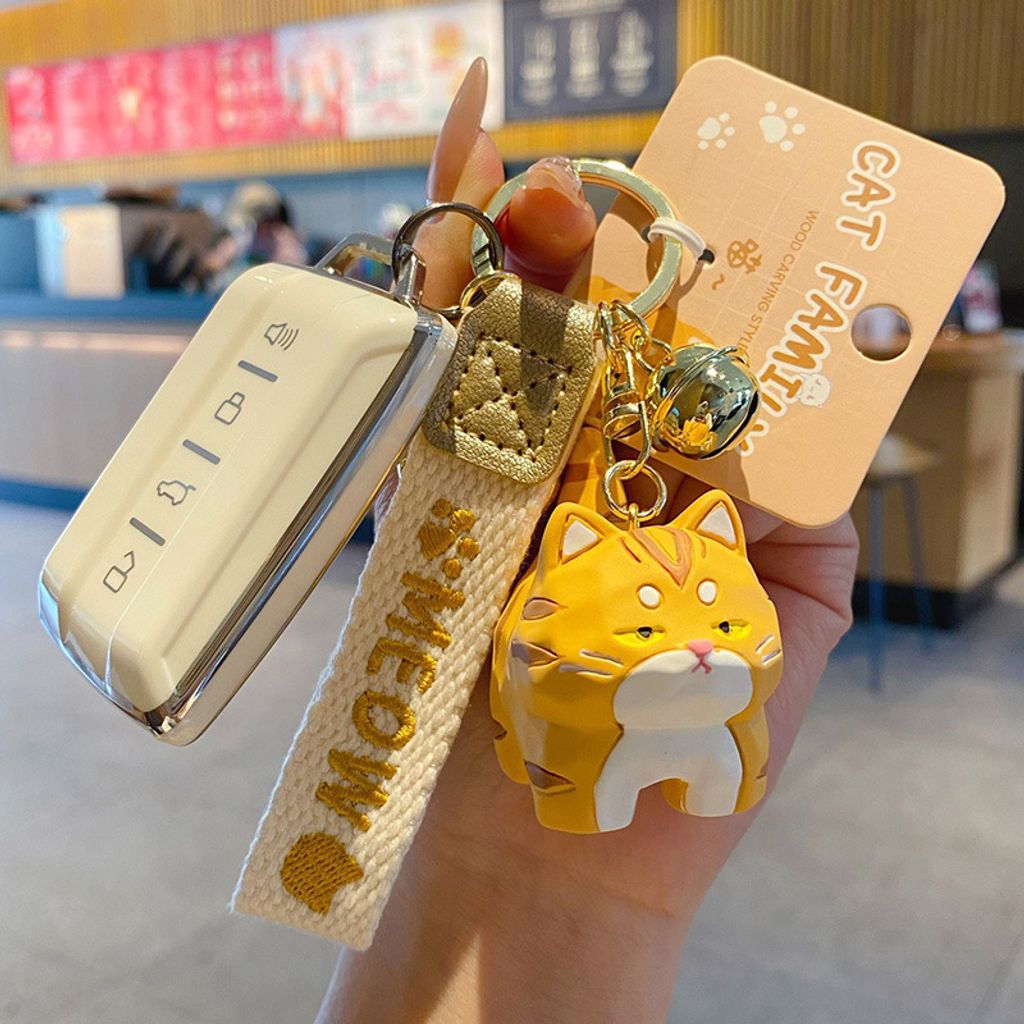 Cute cat family wood carving style keychain charm Bengal Cat design attached to car keys