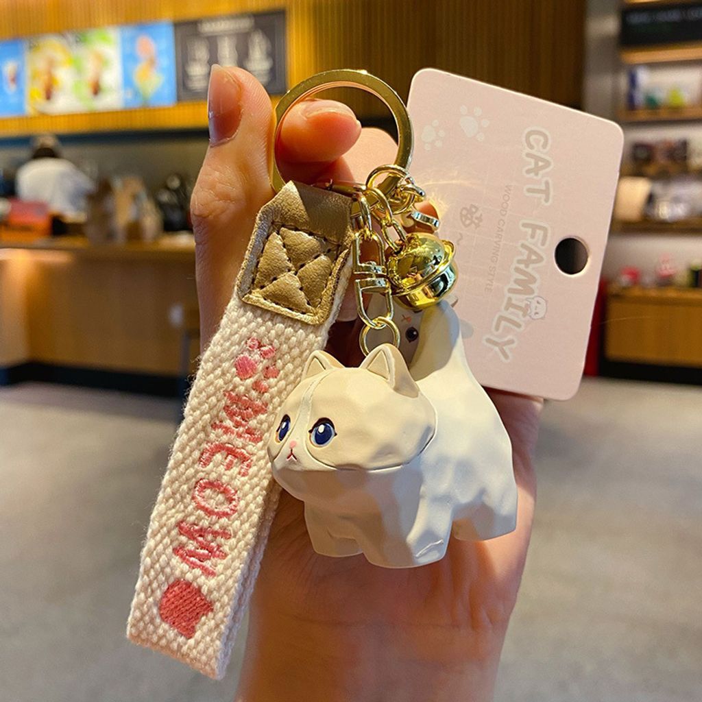 Cute cat family wood carving style keychain charm Ragdoll Cat variant