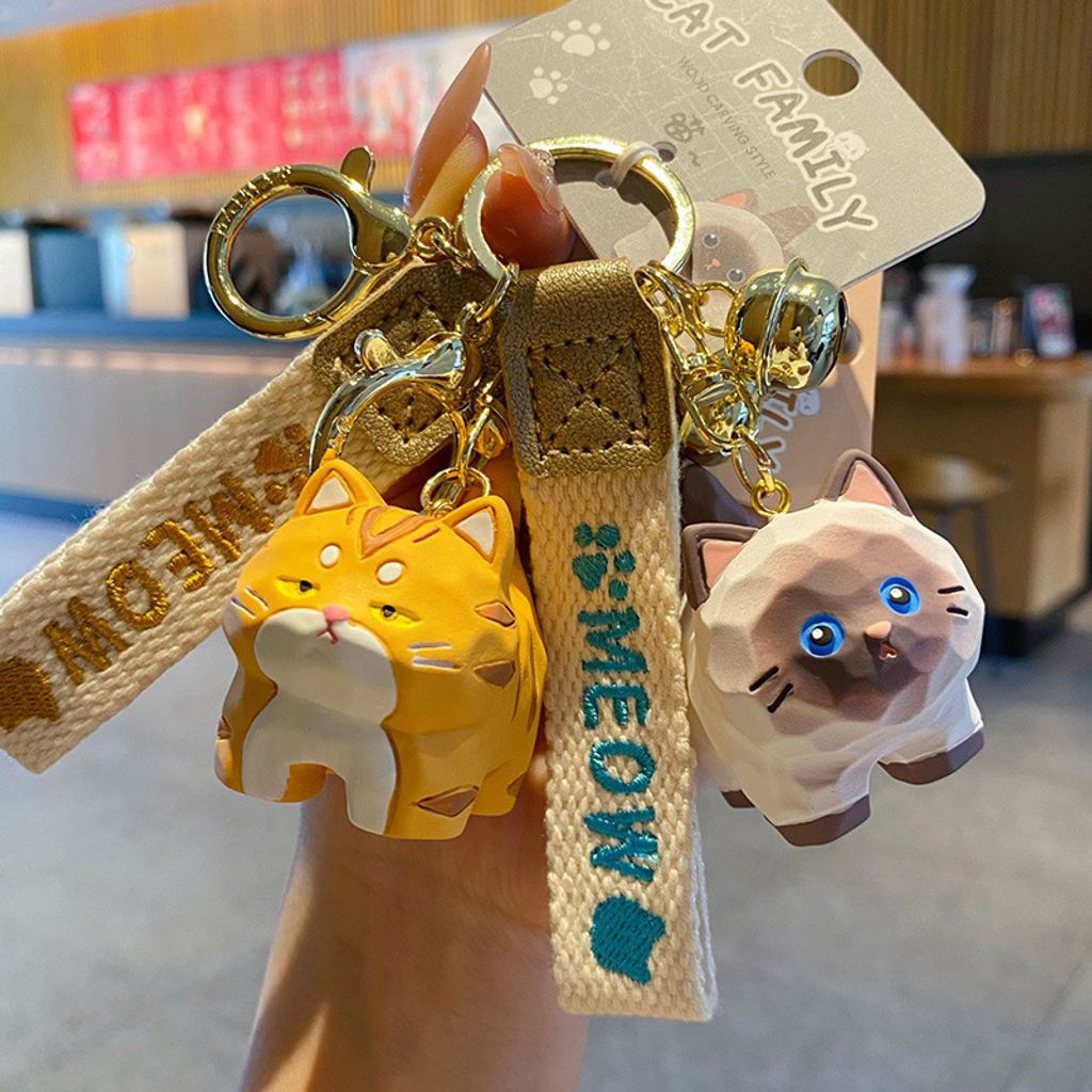 Cute cat family wood carving style keychain charms Bengal and Siamese Cat designs