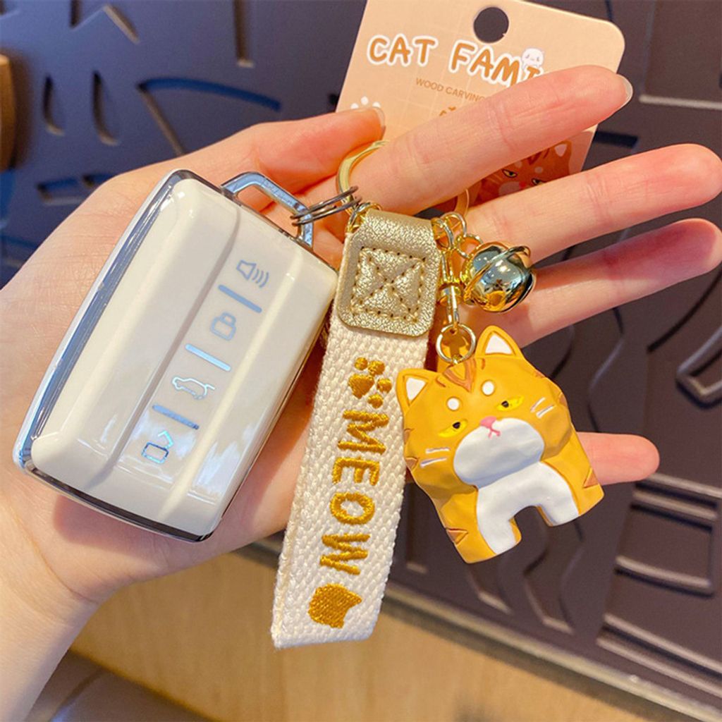 Cute cat family wood carving style keychain charm Bengal Cat design attached to car keys