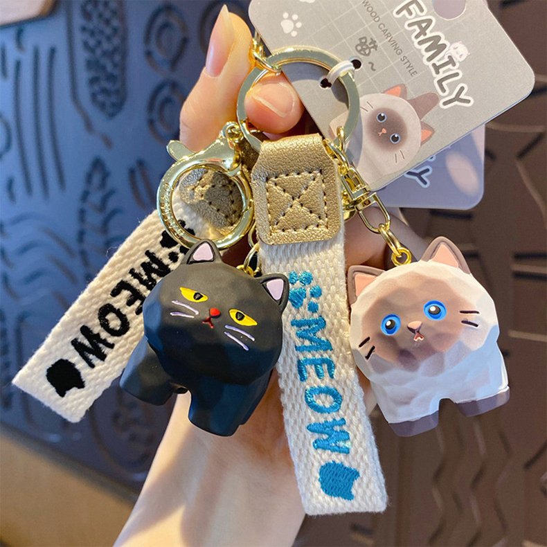 Blue cat and Siamese cat standing keychain charms