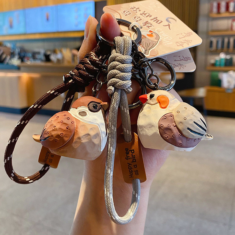 Tree sparrow and pearl bird keychain charms