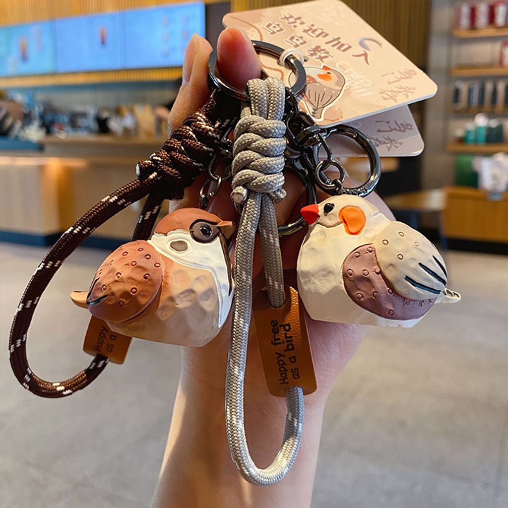 Cute chirpy bird wood carving style keychain charms tree sparrow and pearl bird designs