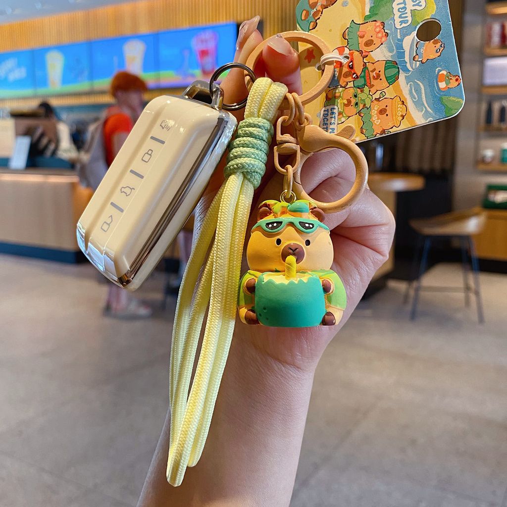 Cute Capybara Island Vacation Keychain Charm – Coconut Capybara design attached to car keys