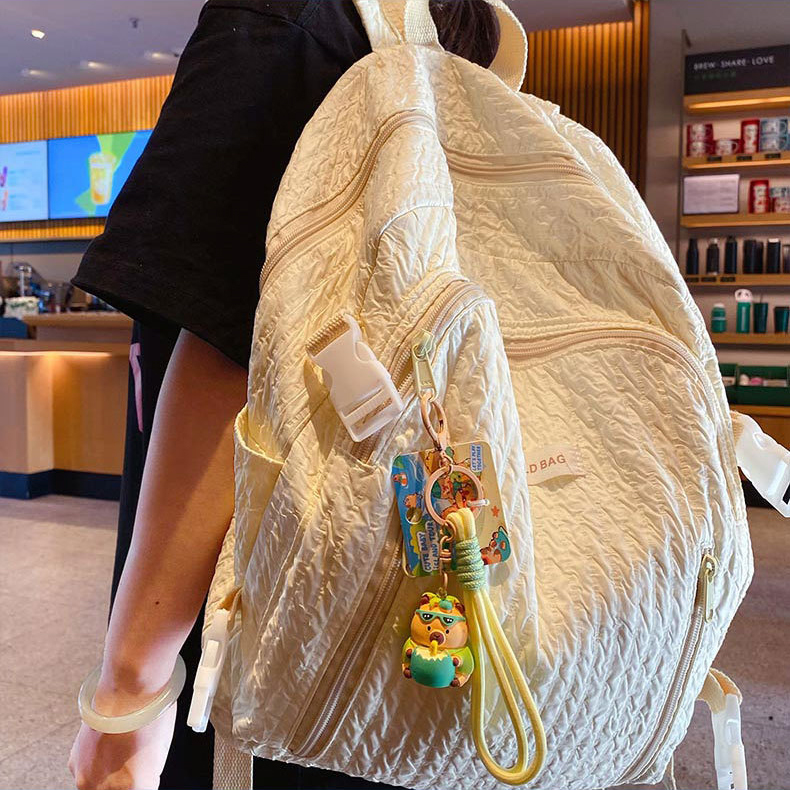 Coconut capybara keychain charm hanging on a bag