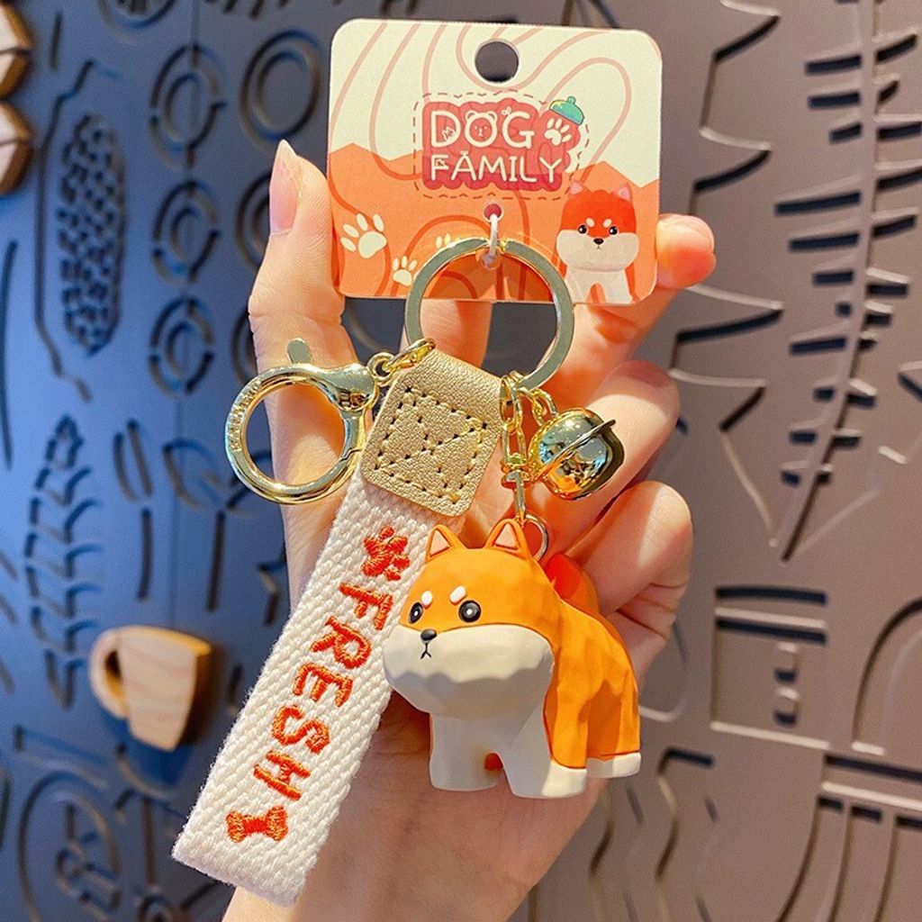 Cute dog family wood carving style keychain charm Shiba Inu variant