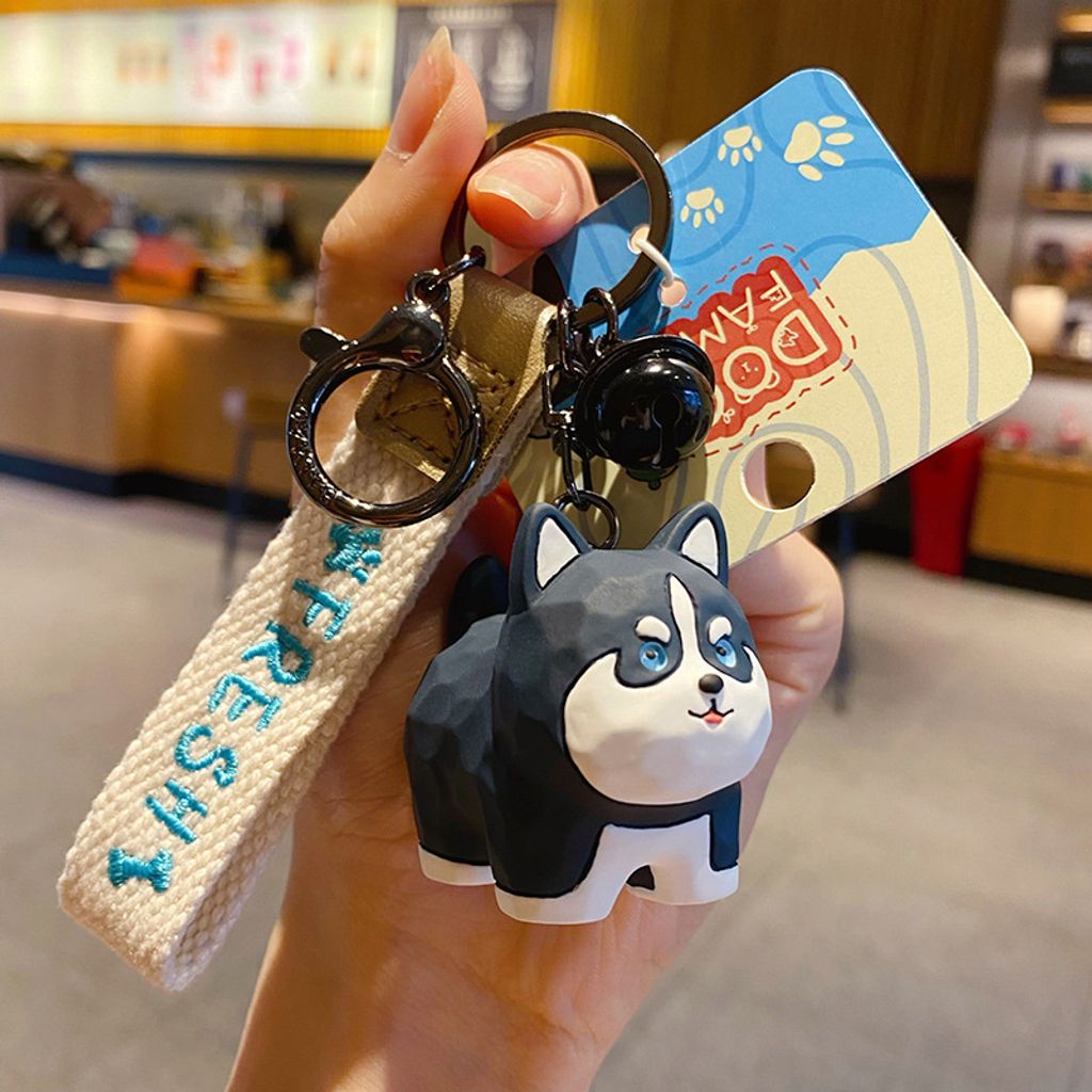 Cute dog family wood carving style keychain charm Husky variant