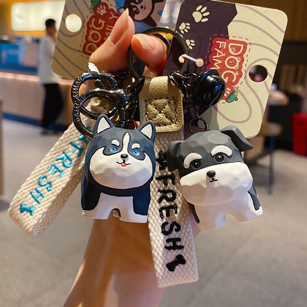 Cute dog family wood carving style keychain charms Husky and Schnauzer designs