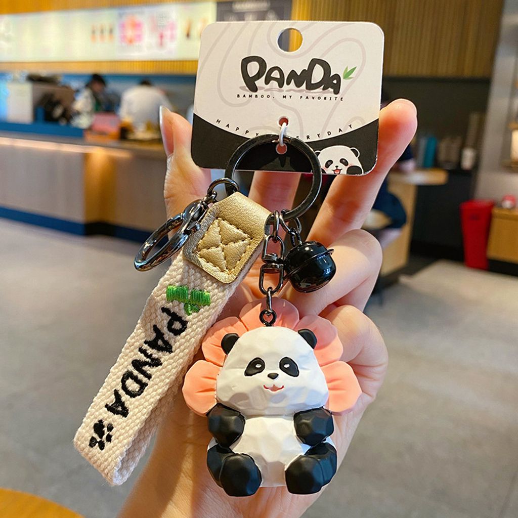 Cute panda wood carving style keychain charm flower panda variant