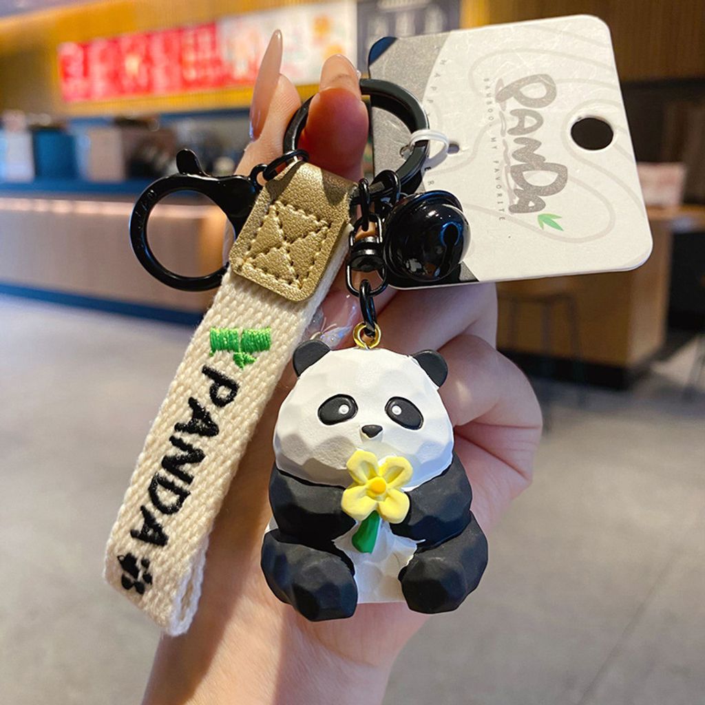 Cute panda wood carving style keychain charm flower-viewing panda variant