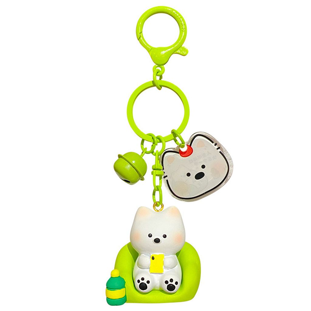 Westie puppy lazy day keychain charm binge-watching mode design on white background
