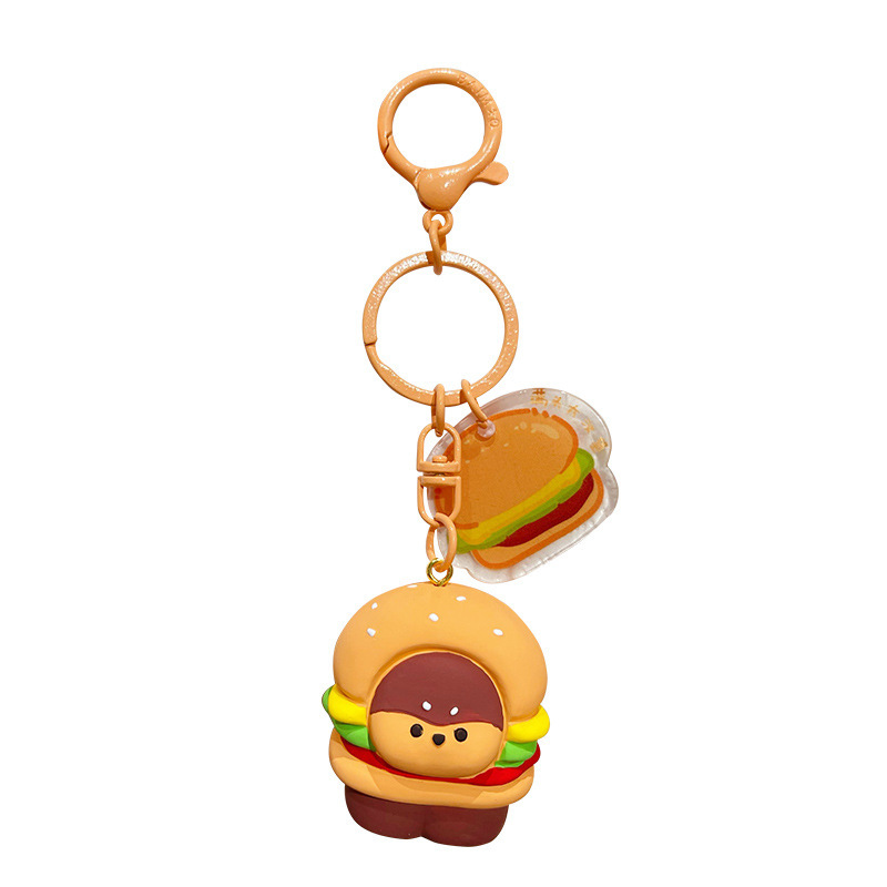 Burger dog keychain charm on white background